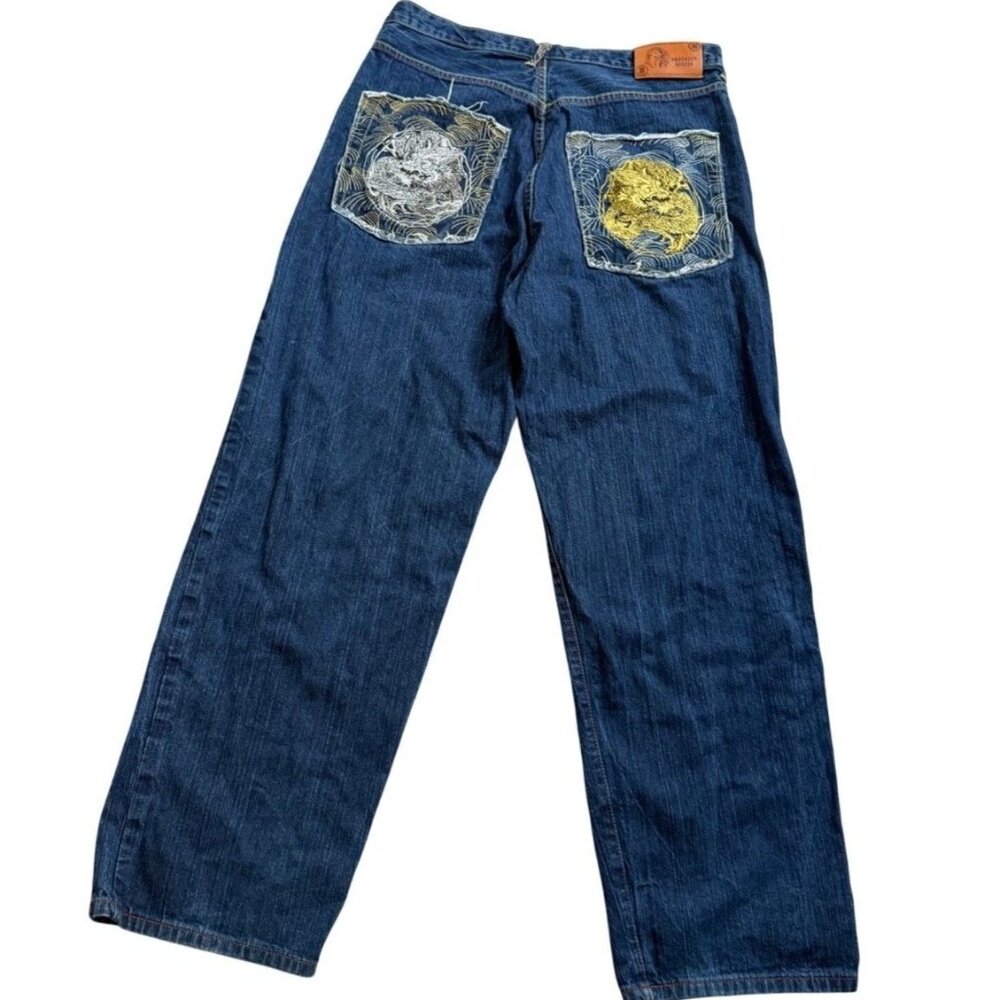 Brooklyn Xpress Baggy Denim Dragon Embroidered Jeans Grunge hip hope skater y2k